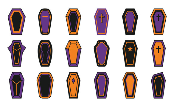 Decorative halloween coffins and caskets collection with various symbols