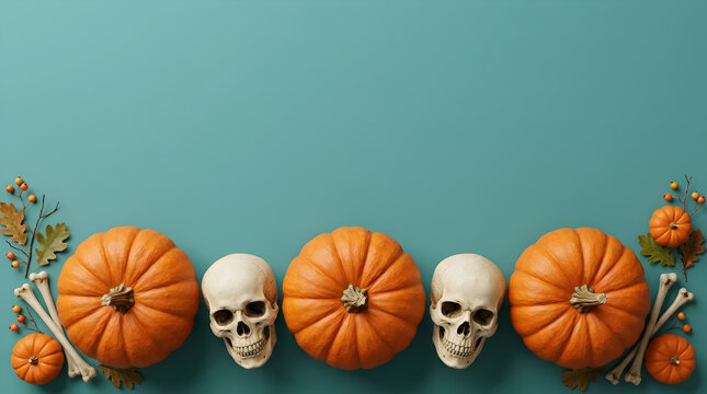 Halloween pumpkins and skulls on teal background festive arrangement