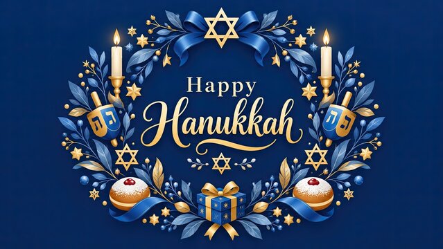 Decorative Happy Hanukkah greeting design with menorahs, Jewish symbols, candles, dreidels, gifts, donuts, and blue floral foliage on a dark blue background.