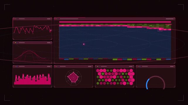 Abstract animated wildfire front advancing across terrain drawn as coral and magenta lines and shapes on a deep dark background. Seamless looping 4K motion graphics video with free space for text, ide
