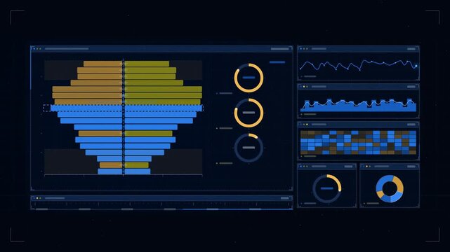 Abstract animated population pyramid ageing over decades drawn as blue and cyan lines and shapes on a deep dark background. Seamless looping 4K motion graphics video with free space for text, ideal fo