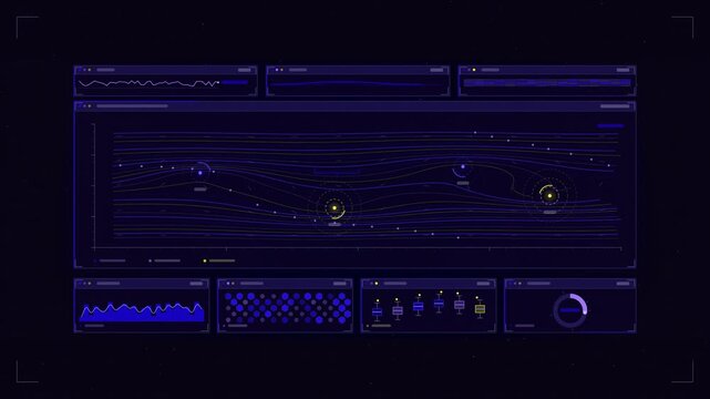 Abstract animated ocean currents spinning up eddies drawn as blue and cyan lines and shapes on a deep dark background. Seamless looping 4K motion graphics video with free space for text, ideal for das