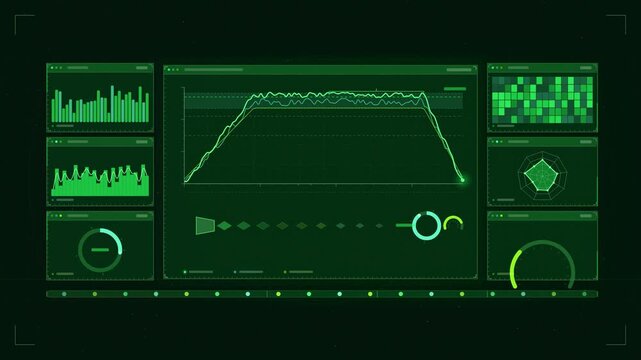 Abstract animated engine test firing ramping thrust drawn as green and teal lines and shapes on a deep dark background. Seamless looping 4K motion graphics video with free space for text, ideal for da