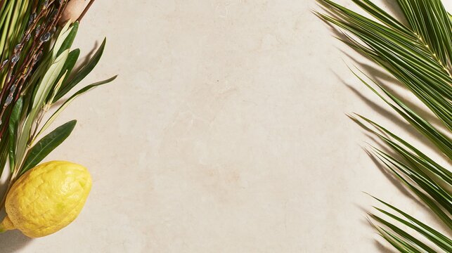 Etrog with green branches and palm leaves arranged on a light background with copy space, Sukkot holiday banner for Jewish greetings, invitations and seasonal designs