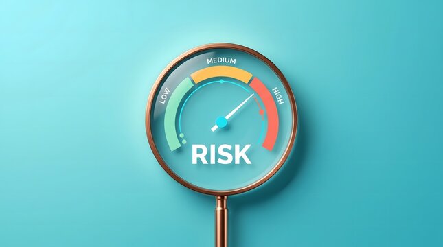 Risk assessment meter icon on cyan background. Round gauge showing low medium and high levels with needle pointing to risk