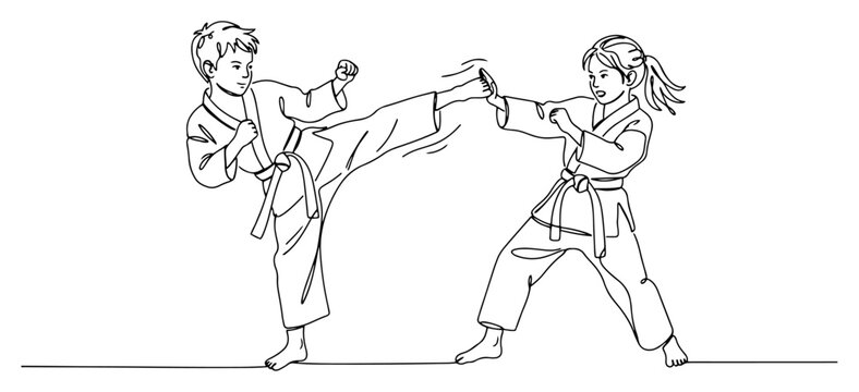 Children practicing karate martial arts sparring and kicking in continuous line art style