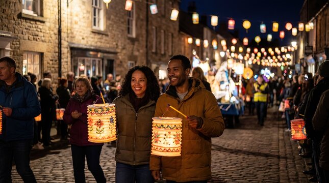 Couple enjoying lantern festival parade in festive street atmosphere at night