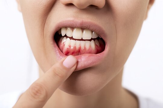 Woman pulls down her lower lip to show red bleeding gums around the teeth, dental health concept for gingivitis, periodontal problems, oral care and dentist education