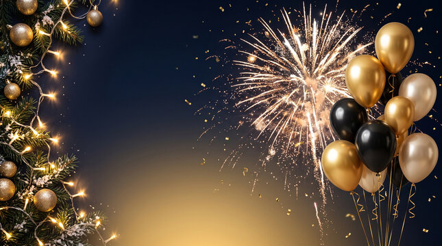 Gold and black balloons with fireworks celebrating new years eve in festive holiday setting