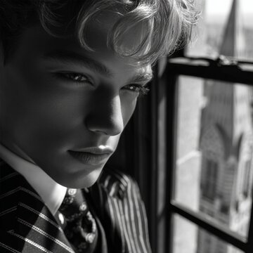 Elegant portrait of a young man gazing through a window