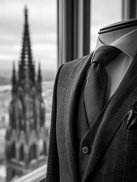 Elegant suit displays behind gothic architecture view