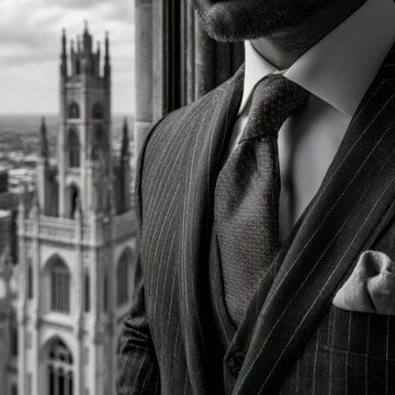 Elegant man in a suit overlooking the city skyline