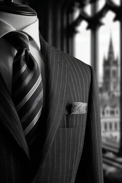 Elegant suit on display with a city skyline backdrop
