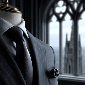 Elegance in a sharp suit against a gothic skyline