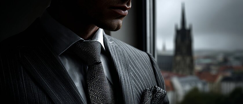 Elegant man in a suit gazes over the city skyline