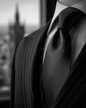 Elegant suit displayed against a city skyline