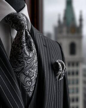 Elegant suit with stylish tie and pocket square in city