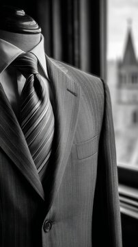 Elegant tailored suit displayed by a grand window