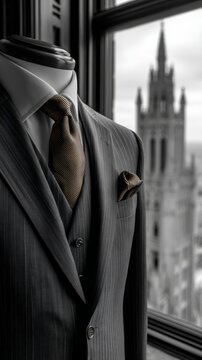 Elegant suit displayed against a city skyline view