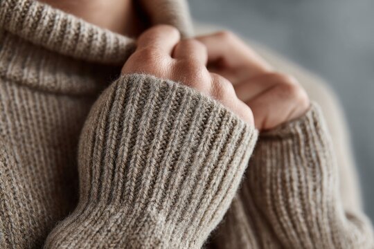 Cozy sweater warms hands in comforting winter setting