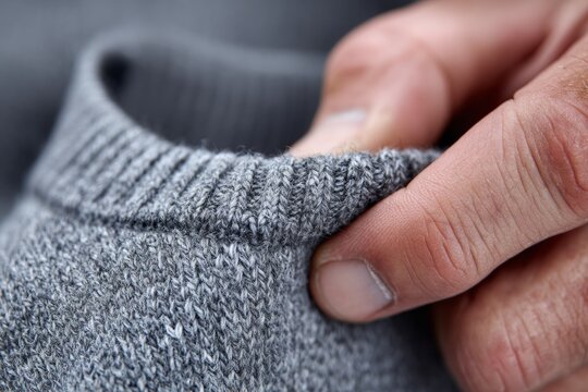 Detailing a cozy gray sweater with careful hands