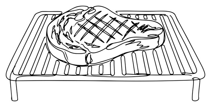 Beef steak cooking on barbecue grill grate continuous line drawing vector illustration