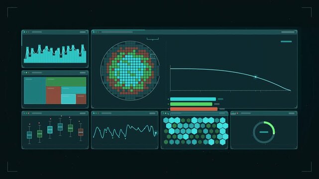 Abstract animated wafer yield map binning dies drawn as cyan and teal lines and shapes on a deep dark background. Seamless looping 4K motion graphics video with free space for text, ideal for dashboar