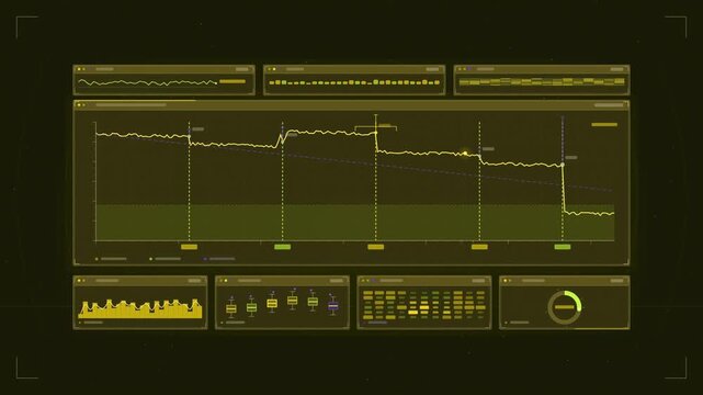 Abstract animated fiber trace revealing splice losses drawn as yellow and gold lines and shapes on a deep dark background. Seamless looping 4K motion graphics video with free space for text, ideal for