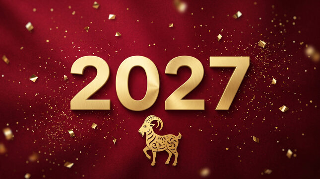 2027 year graphic featuring ram symbol on vibrant red chinese new year background with gold glitter effects