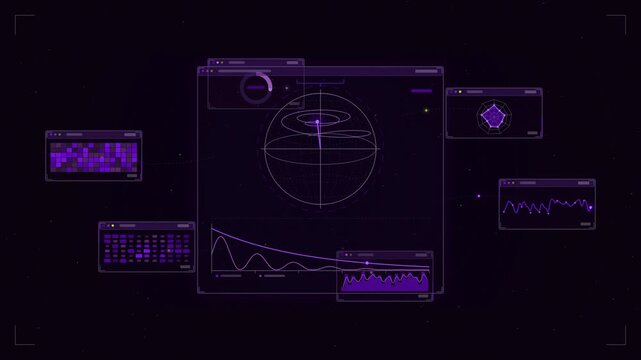 Abstract animated qubit coherence decaying on sphere drawn as violet and blue lines and shapes on a deep dark background. Seamless looping 4K motion graphics video with free space for text, ideal for 