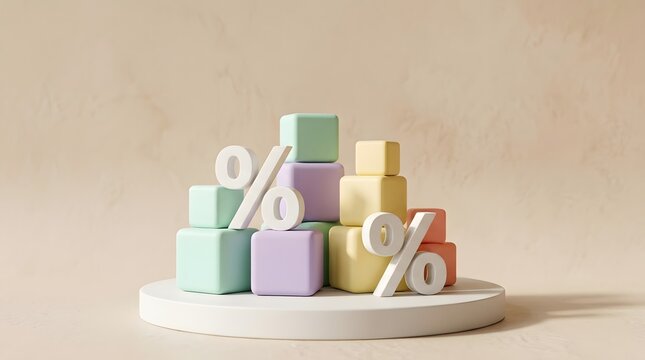 Pastel colored cubes arranged in a bar chart formation with large white percentage symbols on a circular podium against a beige background