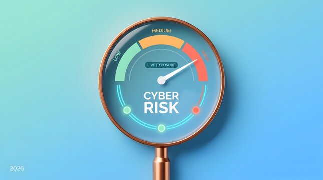 Cyber risk gauge and threat meter concept. 3D render of a risk assessment dial with color zones. Information security indicator for cybersecurity strategy
