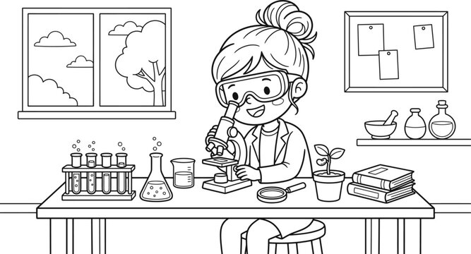 Coloring page cute girl scientist looking through a microscope in a laboratory classroom