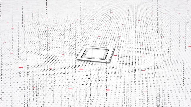 Black binary digits flow central processor digital surface. artificial intelligence, coding, data processing, cyber security, algorithms, software engineering, automation, computing presentations.