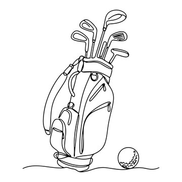 Golf bag with clubs and golf ball in continuous line art style