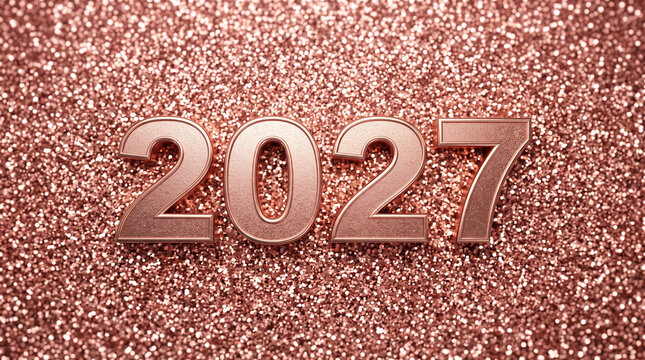 Rose gold glitter texture with 2027 embossed metallic letters for branding and event design