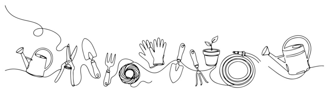 Gardening tools and equipment border composition in continuous line art style