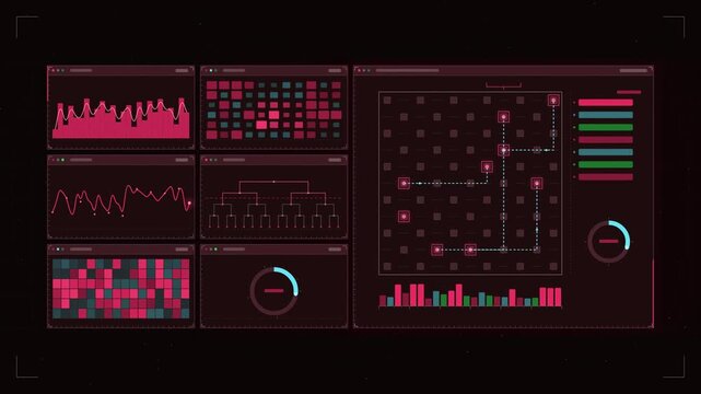 Abstract animated error syndromes flagging lattice defects drawn as coral and magenta lines and shapes on a deep dark background. Seamless looping 4K motion graphics video with free space for text, id