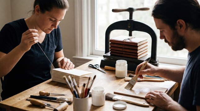Couple engaging in handmade bookbinding workshop at home for creative project