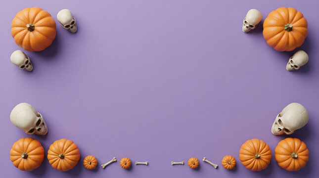 Autumn pumpkins and gourds flat lay arrangement purple background