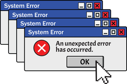 Stacked system warning error popup message window dialog, retro y2k computer aesthetic desktop interface element, nostalgic 90s digital ui graphic vector.