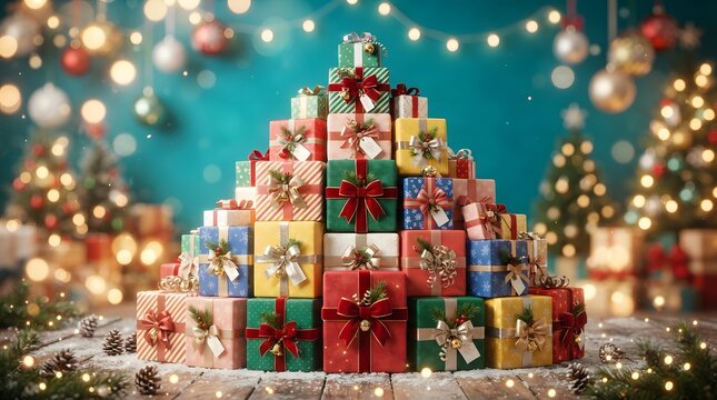A pyramidshaped stack of beautifully wrapped christmas gifts with festive ribbons and bows, set against a blurred background with twinkling holiday lights