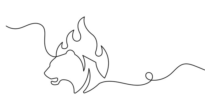 Tiger fire line art featuring a tiger head and flames in single continuous line art as editable stroke vector.