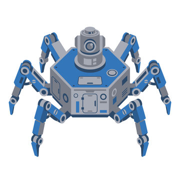 Futuristic six legged hexapod spider robot with a rotating top sensor camera in a modern flat vector illustration style