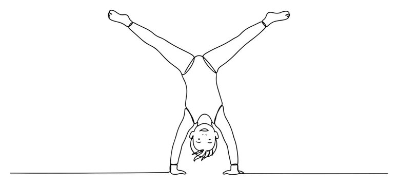 Young gymnast doing handstand with split legs in continuous line art style