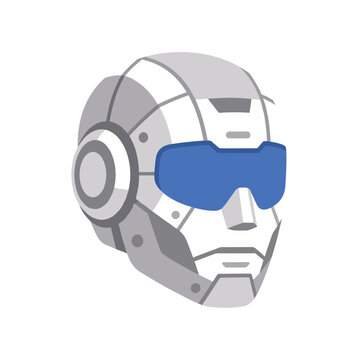 Futuristic humanoid robot head and cybernetic android face with blue visor in a modern flat vector illustration style