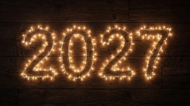 Sparkling string lights forming the year 2027 on dark wooden background