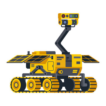 Futuristic tracked exploration rover with solar panels and camera sensor arm in a modern flat vector illustration style