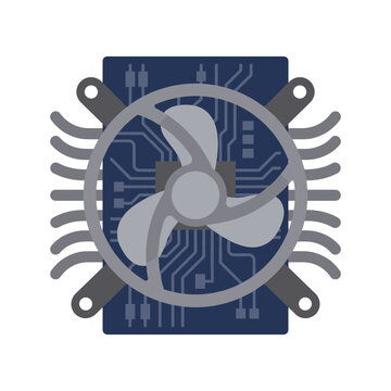 Futuristic robotic cooling fan module and processor heatsink on a circuit board in a modern flat vector illustration style