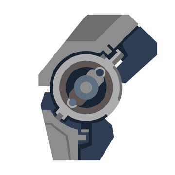 Futuristic bionic leg joint component and robotic mechanical knee mechanism in a modern flat vector illustration style